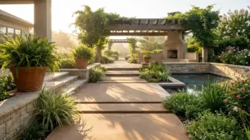 A beautifully structured backyard patio design showing floating modern pavers and a living pergola before adding outdoor furniture.