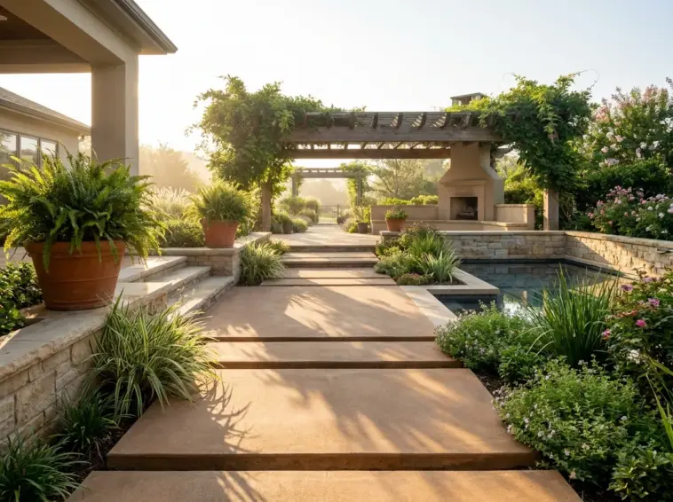 A beautifully structured backyard patio design showing floating modern pavers and a living pergola before adding outdoor furniture.