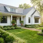 Beautiful modern farmhouse front yard landscaping showcasing high-impact curb appeal on a budget.