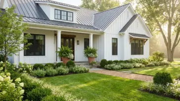 Beautiful modern farmhouse front yard landscaping showcasing high-impact curb appeal on a budget.