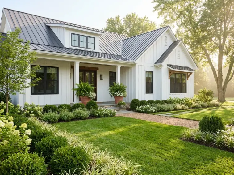 Beautiful modern farmhouse front yard landscaping showcasing high-impact curb appeal on a budget.