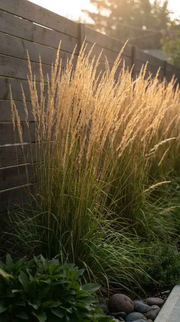 Tall ornamental feather reed grasses swaying beautifully in front of a dark stained backyard fence during golden hour.