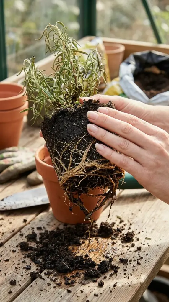 A gardener inspecting the mushy brown roots of an overwatered rosemary plant suffering from root rot.