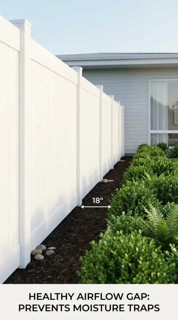 A clean gap between vinyl fence panels and garden shrubs to prevent moisture traps and wood rot.