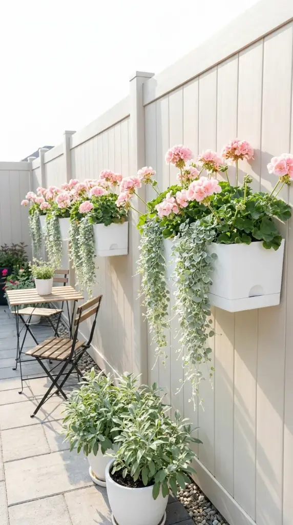 Modern white hanging fence planters with cascading pink flowers and silver foliage in a small garden layout.