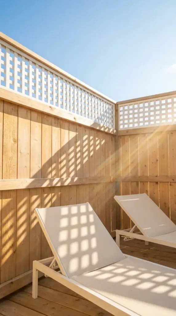 Decorative wood lattice fence topper installed on a backyard privacy fence to increase height legally.