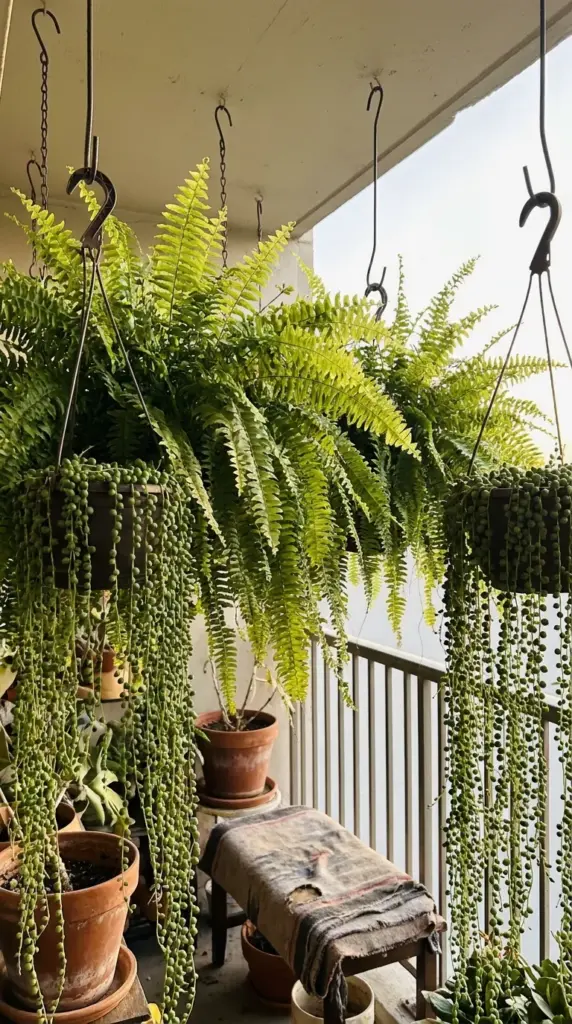 Hanging trailing plants and ferns creating a natural green canopy over a small apartment balcony.