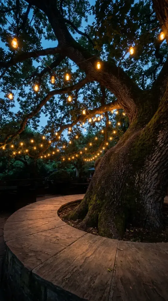 A custom backyard patio footprint organically curving around a large oak tree trunk using the natural leafy canopy as a permanent living roof.