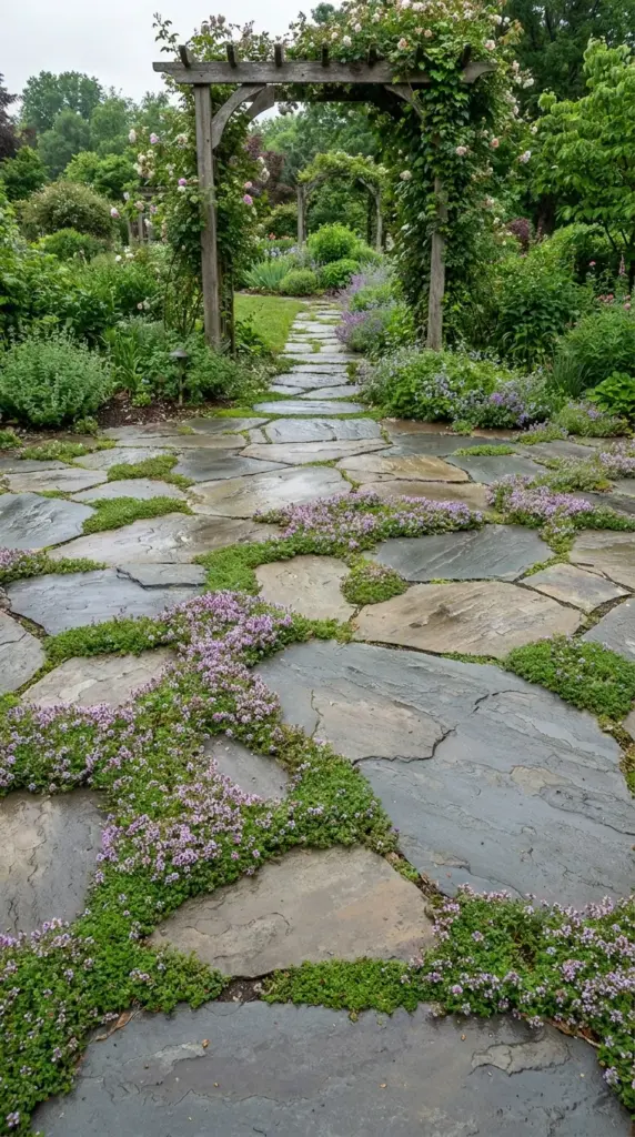Natural flagstone walkway with creeping thyme planted between the rocks for a lush garden patio.