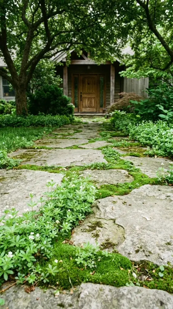Winding flagstone walkway with lush green moss groundcover in a shady front yard.