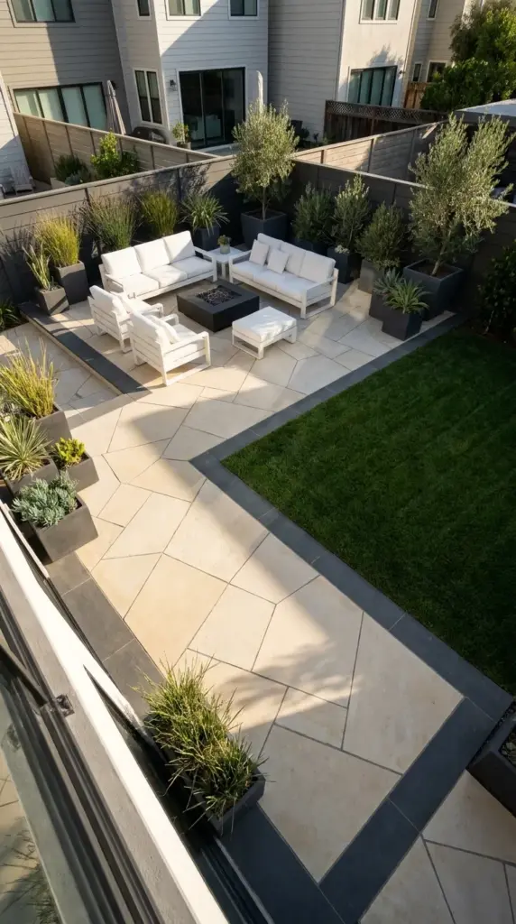 Premium oversized geometric flagstone patio showcasing modern hardscape design over traditional lawn.