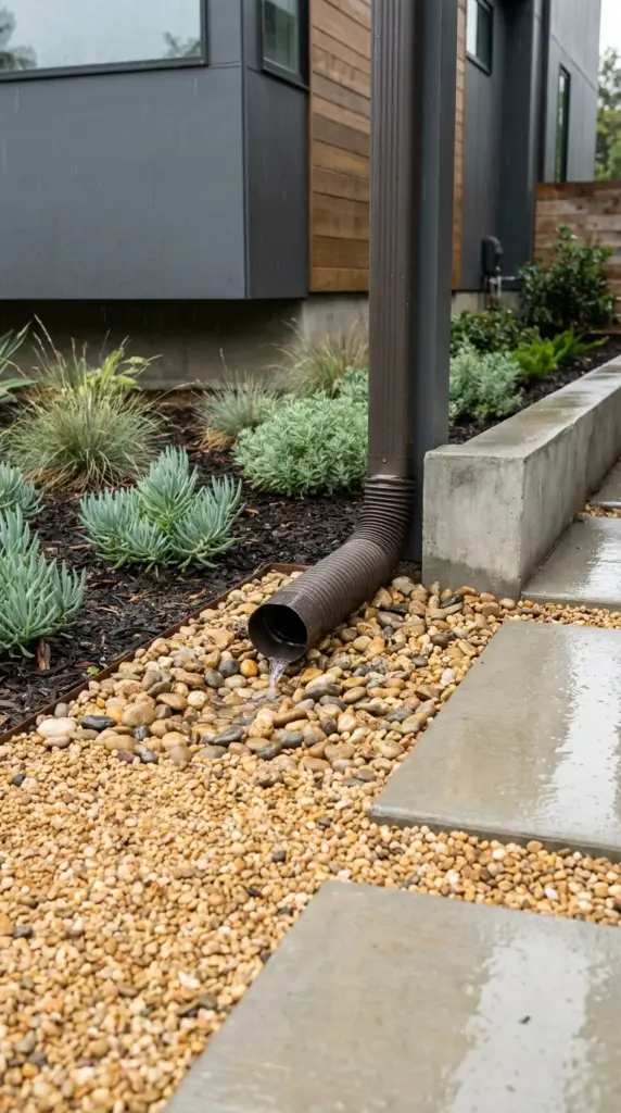Clog free flexible gutter extension ideas buried under river rock for xeriscape drainage.