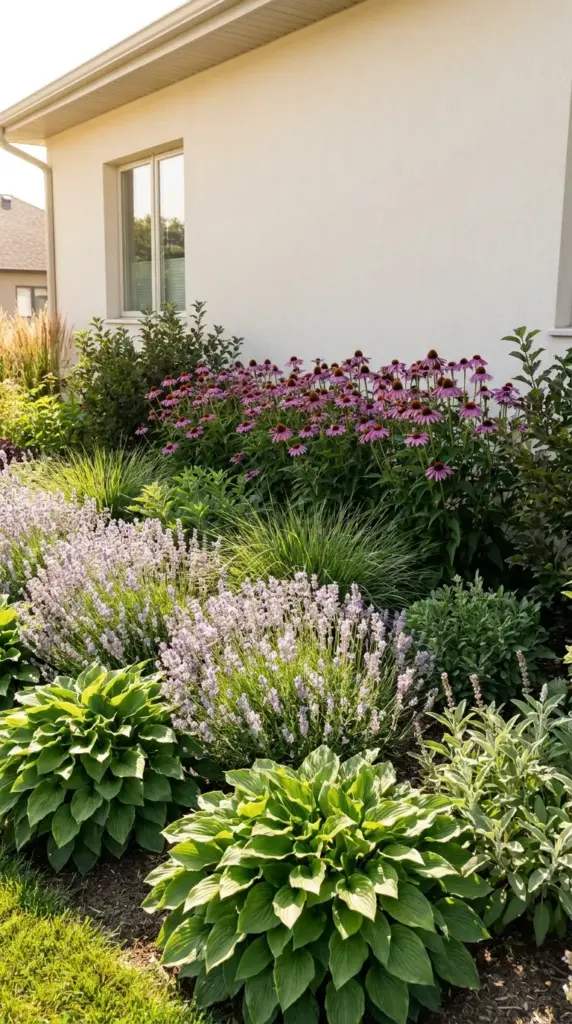 Layered perennial flower beds featuring blooming purple coneflowers and lush green hostas.
