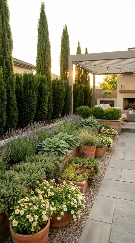 A step-by-step layered garden border with correct plant spacing along a backyard fence line.
