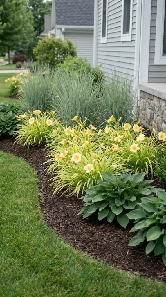 Layered flower bed layout featuring divided hostas and ornamental grasses for low cost garden design.