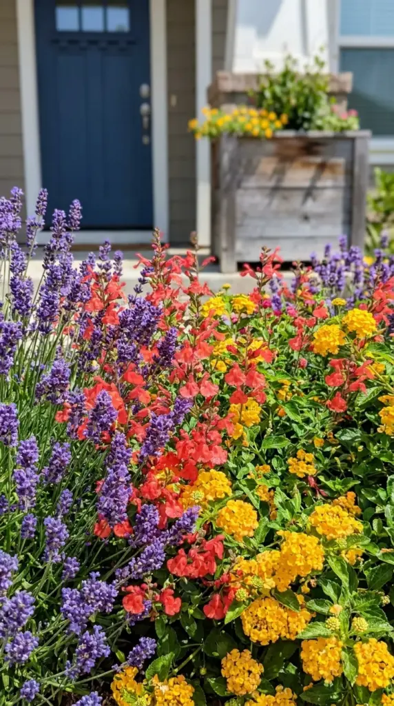 Vibrant pops of color from blooming trailing lantana and lavender flowers in a modern drought-tolerant xeriscape front yard.