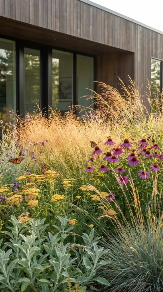 Drought tolerant plants and ornamental grasses blooming in a modern, sustainable backyard garden design.