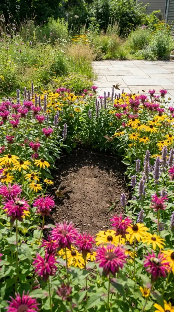 A carved out U-shaped pollinator garden leaving intentional negative space for a hidden botanical backyard patio retreat.
