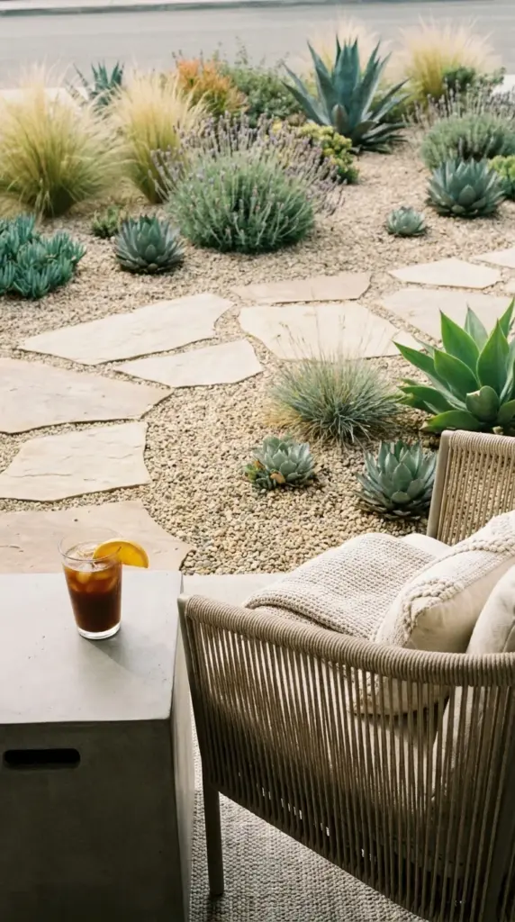 Bright botanical greens, soft creams, warm natural wood tones, and light gray stone.