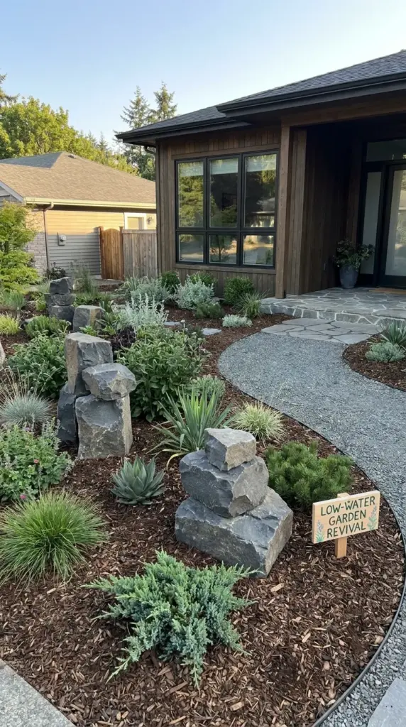 Front yard makeover showing a modern transition from a traditional grass lawn to a water-wise xeriscape garden.