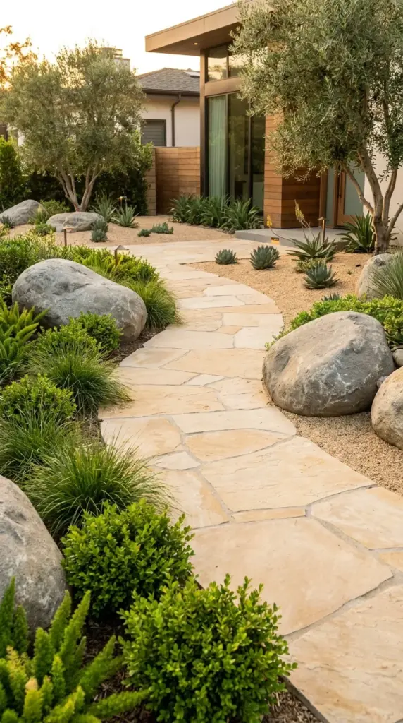 The Hydro-Zoning Breakthrough from Desert Experts: A New Xeriscape Front Yard Method That Stays Lush without Water spikes 3 Strategic front yard xeriscape layout featuring flagstone walkways, decorative gravel, and accent boulders.