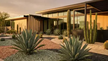 Modern desert modernism succulent garden design featuring architectural agave and geometric landscaping in a stylish front yard.