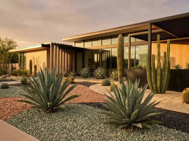 Modern desert modernism succulent garden design featuring architectural agave and geometric landscaping in a stylish front yard.
