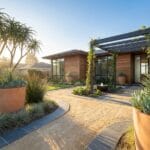 A modern luxury resort-style drought tolerant landscape featuring minimalist pathways and low-water architectural plants on a budget.