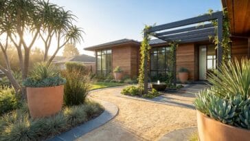 A modern luxury resort-style drought tolerant landscape featuring minimalist pathways and low-water architectural plants on a budget.