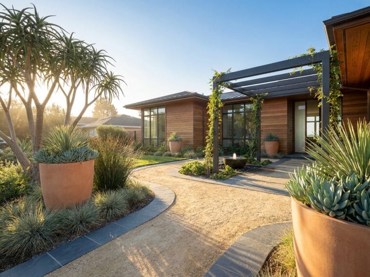 A modern luxury resort-style drought tolerant landscape featuring minimalist pathways and low-water architectural plants on a budget.