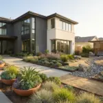 Modern drought tolerant landscape design with concrete pavers and gravel instead of grass for a low maintenance front yard.