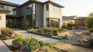 Modern drought tolerant landscape design with concrete pavers and gravel instead of grass for a low maintenance front yard.