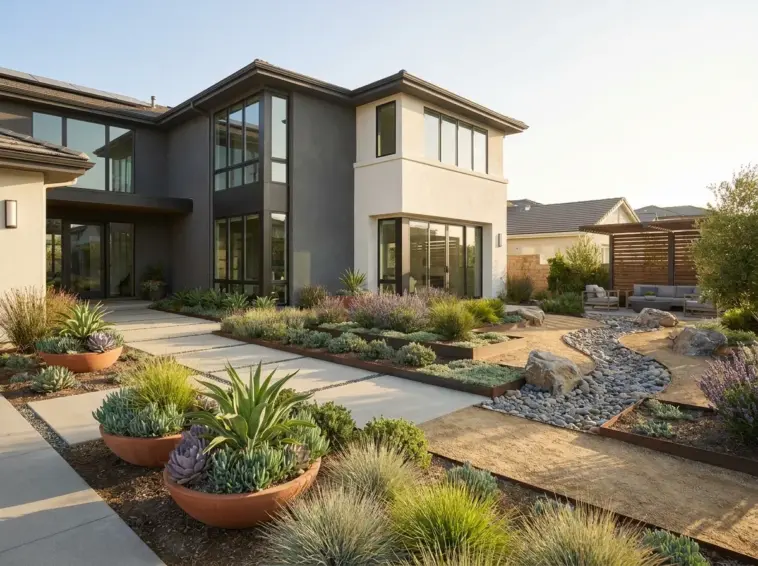 Modern drought tolerant landscape design with concrete pavers and gravel instead of grass for a low maintenance front yard.