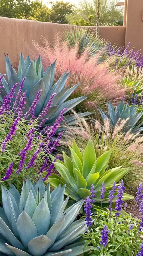 High density drought tolerant garden bed featuring purple salvia, ornamental pink grasses, and structural agaves.