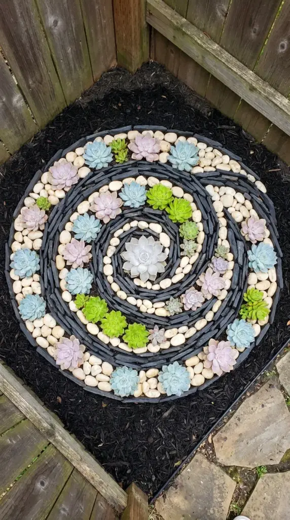 An overhead flat-lay view of a geometric spiral succulent rock garden tapestry layout in a small yard.
