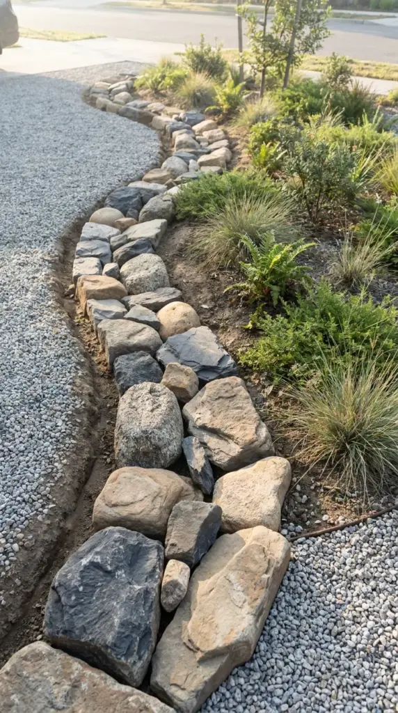 Natural stone garden borders outlining a budget-friendly xeriscape front yard bed.