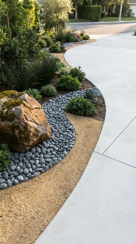 They Told Me NOT to Reveal This Before & After Cheat-Sheet for an Expensive-Looking Xeriscape Front Yard Transformation… 3 Modern xeriscape design showing the 60-30-10 rock texture rule and layered plant heights.