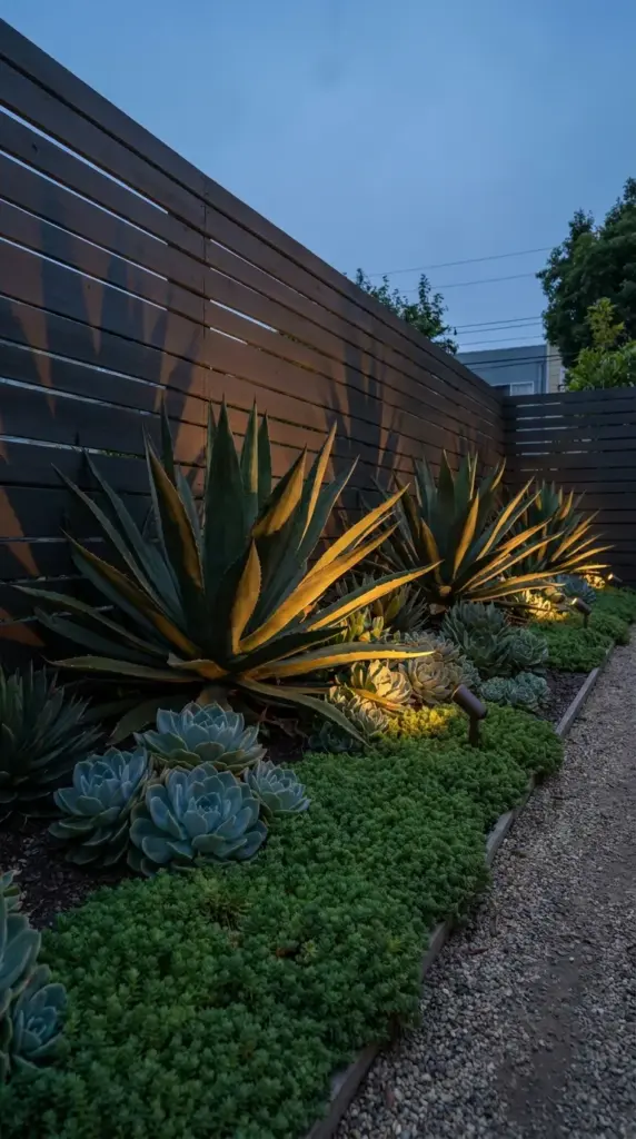 A lush desert oasis succulent border with professional landscape lighting against a dark wood backyard fence.