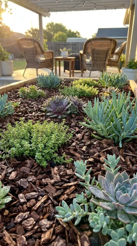 Why Woven Landscape Fabric is a Hidden Threat to an Established Drought Tolerant Landscape over Time (And What to Use Instead) 3 Sustainable sheet mulching alternative using cardboard and thick organic wood chip mulch in a drought tolerant garden.