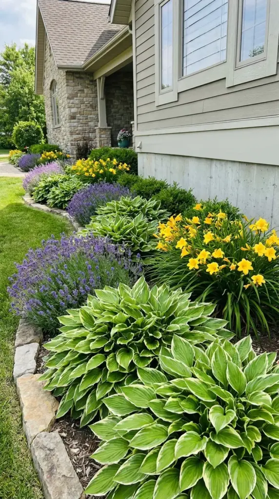 Curving perennial flower bed border along a house foundation featuring lavender and hostas.