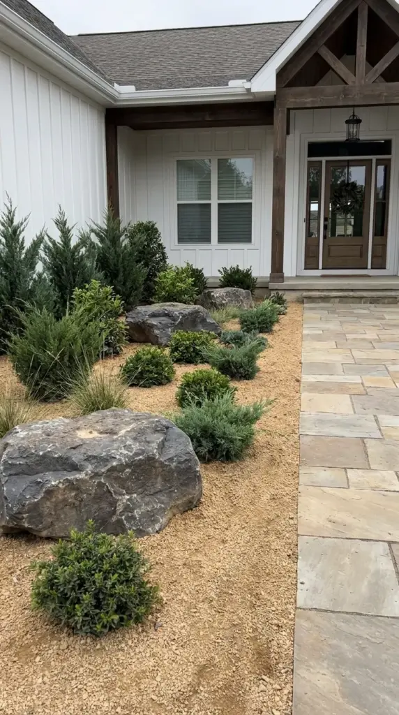 Finished front yard makeover with large landscaping boulders, flagstone walkway, and low water plants.
