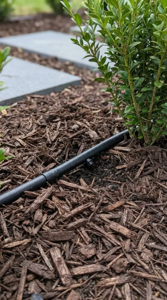 Automated drip irrigation line buried under a thick layer of dark wood mulch to conserve water and prevent weeds.