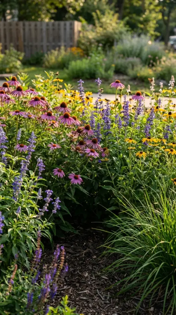 High-density pollinator garden with dense native perennial flowers to maximize soil moisture retention.
