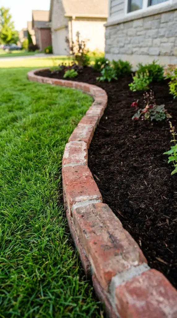 Clean DIY brick garden edging separating a lush green lawn from a front yard flower bed.