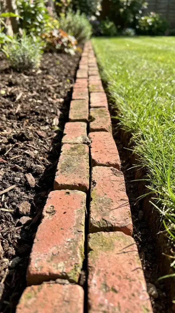 Clean flower bed edging made from a reclaimed brick border separating a lush lawn from garden soil.