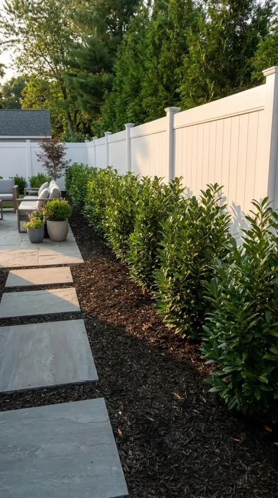 A quick privacy fence paired with a lush skip laurel hedge for a long term landscaping solution.