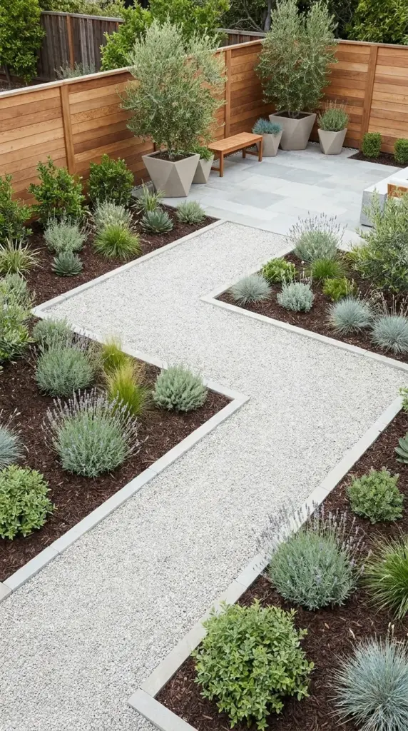 A winding pea gravel path separating low-water garden zones in an affordable DIY backyard design.