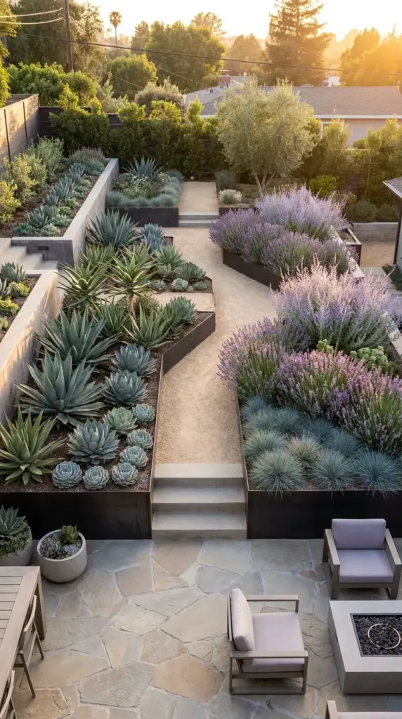 A hydrozoning tips layout showing organized drought tolerant landscaping with agaves.