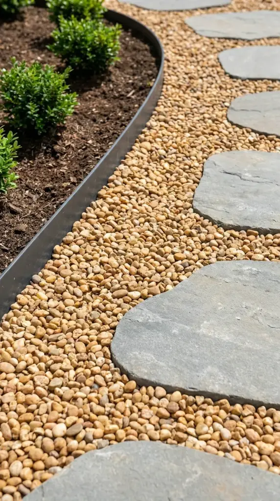 Close up of durable garden materials featuring smooth stepping stones and pea gravel for a dog run.