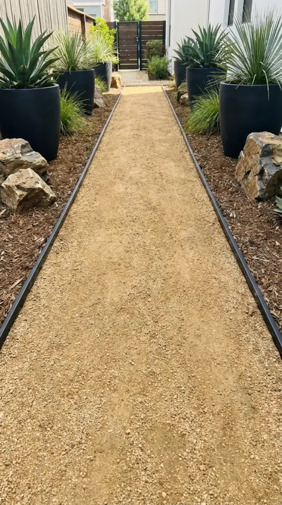 What Eco-Luxury Resorts Keep Secret: The Forbidden Drought Tolerant Landscape Blueprint Built on a Postcard Budget 3 DIY garden path made of cheap decomposed granite and pea gravel with large black accent pots for a luxury on a budget look.